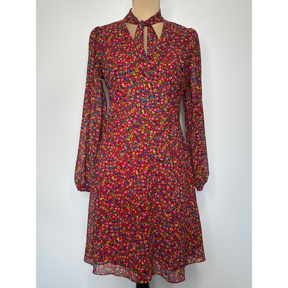 Boden Imogen Chiffon Tie Neck‎ Mini Dress Size 6 Red Floral Boho